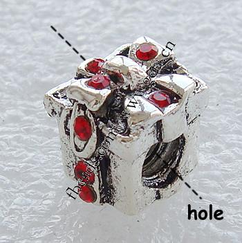 European Christmas Beads, Zinc Alloy, Cube, plated, without troll & with rhinestone, more colors for choice, 11X10mm, Hole:Approx 4mm, Sold By PC