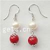 Freshwater Pearl Drop Earring, with coral, sterling silver earring hook, white 