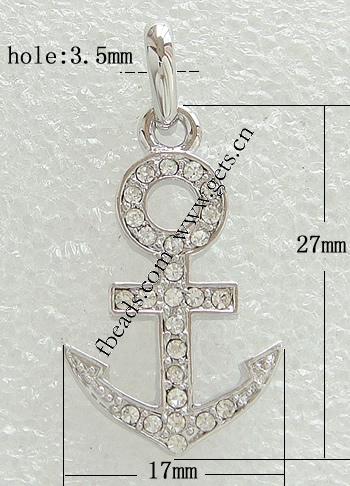 Zinc Alloy Ship Wheel & Anchor Pendant, plated, nautical pattern & with rhinestone, more colors for choice, 27x17x2.5mm, Hole:Approx 3.5mm, Sold By PC
