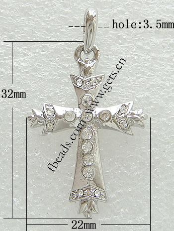 Zinc Alloy Cross Pendants, plated, Customized & with rhinestone, more colors for choice, lead & nickel free, 32x22x4mm, Hole:Approx 3.5mm, Sold By PC