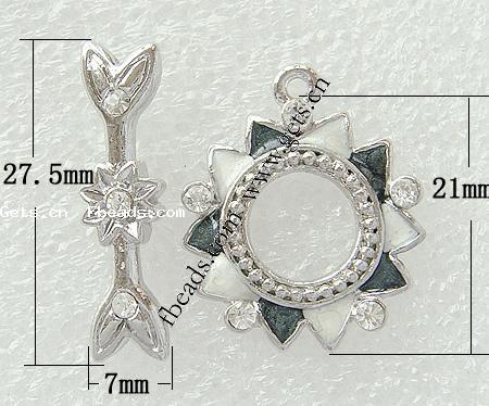 Zinc Alloy Toggle Clasp, Flower, plated, with rhinestone & single-strand, more colors for choice, 21x21mm, 27.5x7mm, Hole:Approx 2mm, Sold By Set