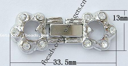 Zink Legierung Uhren Armband Verschluss, Zinklegierung, Blume, plattiert, mit Strass, keine, frei von Nickel, Blei & Kadmium, 33.5x13x4mm, Bohrung:ca. 1mm, verkauft von PC