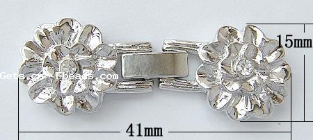 Zinc Alloy Watch Band Clasp, Flower, plated, with rhinestone, more colors for choice, nickel, lead & cadmium free, 41x15x5mm, Hole:Approx 1mm, Sold By PC