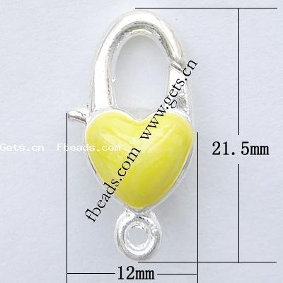 Zinc Alloy Lobster Clasp, Heart, plated, enamel, more colors for choice, nickel, lead & cadmium free, 21.5x12x10mm, Hole:Approx 2mm, Sold By PC