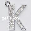 Pendentif alphabet en zinc, alliage de zinc, Lettre K, avec strass, sans cadmium Environ 4mm, Vendu par PC