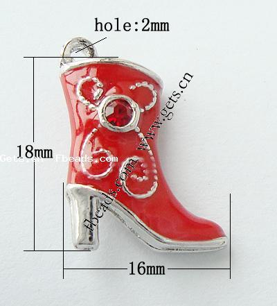 Zinc Alloy Shoes Pendants, with Rhinestone & enamel, plated, enamel, more colors for choice, nickel free, 18x16x6mm, Hole:Approx 2mm, Sold By PC