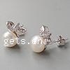 Freshwater Pearl Stud Earring, sterling silver post pin, Flower, plated, with cubic zirconia 
