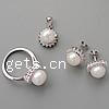 Sterling Silver Freshwater Pearl Jewelry Sets, 925 Sterling Silver, pendant & finger ring & earring, with pearl, platinum plated, with cubic zirconia  Approx 3mm, US Ring 