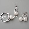 Sterling Silver Freshwater Pearl Jewelry Sets, 925 Sterling Silver, pendant & finger ring & earring, with pearl, platinum plated, with cubic zirconia 9mm Approx 3.5mm, US Ring 