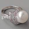 perla anillo de dedo de plata, plata de ley 925, chapado en platina real, con perla & con circonia cúbica, 15mm, agujero:aproximado 17mm, tamaño:6.5, Vendido por UD