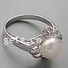 perla anillo de dedo de plata, plata de ley 925, chapado en platina real, con perla & con circonia cúbica, 14x12mm, agujero:aproximado 16.5mm, tamaño:6, Vendido por UD