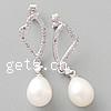 Freshwater Pearl Drop Earring, 925 Sterling Silver, with Freshwater Pearl, Heart, plated, with cubic zirconia 