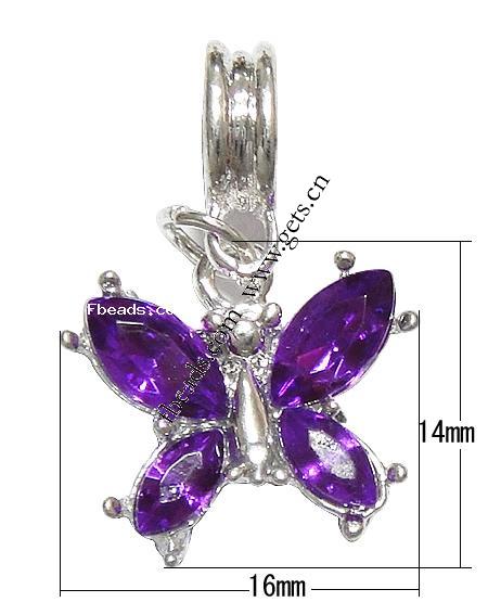 Zinc Alloy European Pendants, Butterfly, plated, without troll & with rhinestone, more colors for choice, 16x14x4mm, Hole:Approx 4.5mm, Length:25 , Sold By PC