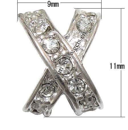 Rhinestone Zinc Alloy European Beads, Letter X, plated, without troll & with rhinestone, more colors for choice, 9x11x10mm, Hole:Approx 4.5mm, Sold By PC