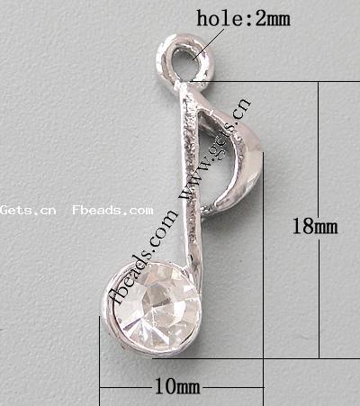 Musical Instrument Shaped Zinc Alloy Pendants, Music Note, plated, with rhinestone, more colors for choice, cadmium free, 18x10x4mm, Hole:Approx 2mm, Sold By PC
