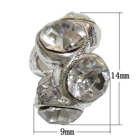 Rhinestone Zinc Alloy European Beads, Rondelle, plated, without troll & with rhinestone, more colors for choice, 9x14mm, Hole:Approx 5mm, Sold By PC