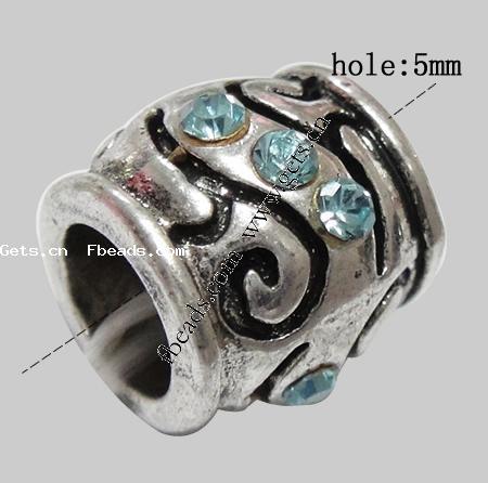 Rhinestone Zinc Alloy European Beads, Drum, plated, without troll & with rhinestone, more colors for choice, 9x9mm, Hole:Approx 5mm, Sold By PC