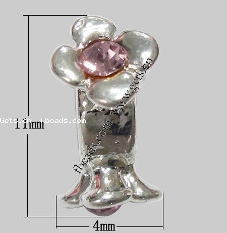 Rhinestone Zinc Alloy European Beads, Flower, plated, without troll & with rhinestone, more colors for choice, 11x4mm, Hole:Approx 5mm, Sold By PC