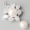 Cultured Pearl Sterling Silver Pendants, 925 Sterling Silver, with pearl, Flower, platinum plated, with cubic zirconia Approx 