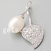 Cultured Pearl Sterling Silver Pendants, 925 Sterling Silver, with Pearl Shell, Heart, plated, with cubic zirconia Approx 3mm 