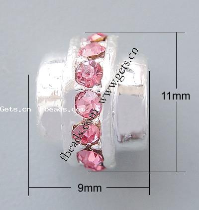 Rhinestone Zinc Alloy European Beads, Tube, plated, without troll & with rhinestone, more colors for choice, nickel, lead & cadmium free, 11x9mm, Hole:Approx 6mm, Sold By PC