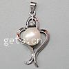 Cultured Freshwater Pearl Brass Pendant, Heart, plated, with rhinestone, silver color, nickel, lead & cadmium free Approx 