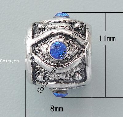 Rhinestone Zinc Alloy European Beads, Tube, plated, more colors for choice, 11x8mm, Hole:Approx 5.2mm, Sold By PC