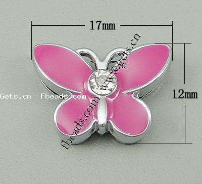 Zinc Alloy Slide Charm, with Rhinestone & enamel, Butterfly, plated, enamel & with rhinestone, more colors for choice, 17x12x6mm, Hole:Approx 8x2mm, Sold By PC