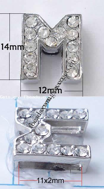 Zinc Alloy Letter Slide Charm, Letter M, plated, with Mideast rhinestone, more colors for choice, nickel, lead & cadmium free, Grade A, 14x12mm, Hole:Approx 11x2mm, Sold By PC