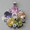 Cubic Zirconia Brass Pendants, Flower, platinum plated, with cubic zirconia & faceted, multi-colored Approx 3-5mm 