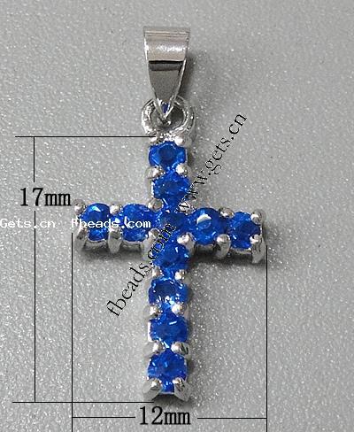 Cubic Zirconia Brass Pendants, Cross, plated, with cubic zirconia & faceted, more colors for choice, 17x12x3mm, Hole:Approx 3-5mm, Sold By PC