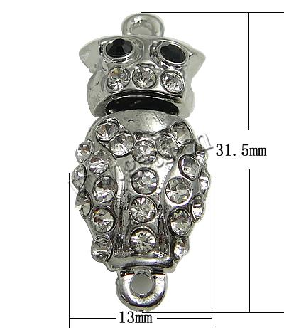 Zinc Alloy Magnetic Clasp, Animal, plated, with rhinestone & single-strand, more colors for choice, 31.5x13mm, Sold By PC