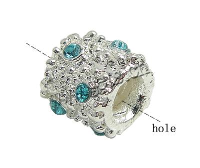 Rhinestone Zinc Alloy European Beads, Tube, plated, without troll & with rhinestone, more colors for choice, 9x10mm, Hole:Approx 4.5mm, Sold By PC
