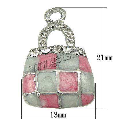 Pendentifs de sac à main en alliage zinc, alliage de zinc, Placage, émail & avec strass, plus de couleurs à choisir, 13x21x4.5mm, Trou:Environ 2mm, Vendu par PC