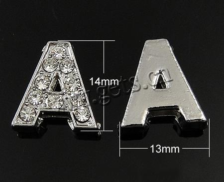 Zinc Alloy Letter Slide Charm, Letter A, plated, with Mideast rhinestone, more colors for choice, nickel free, 14x13x4.5mm, Hole:Approx 11x2.3mm, Sold By PC