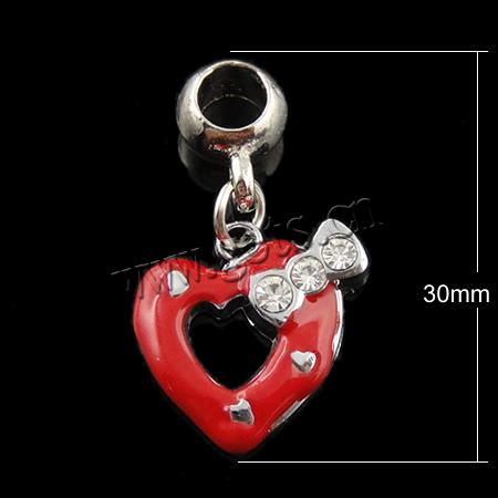 Brass European Pendants, with enamel, Heart, plated, enamel & with rhinestone, more colors for choice, 17x30x4mm, Hole:Approx 5mm, Sold By PC