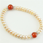 Freshwater Pearl Bracelet, with Red Agate, 7-8mm, 10mm .5 Inch 