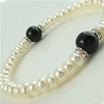 Freshwater Pearl Bracelet, with Black Agate, 7-8mm, 10mm .5 Inch 