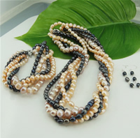 Conjuntos de joyería perlas de agua dulce natural, Perlas cultivadas de agua dulce, pendiente & collar, multicolor, 4-5mm, 7-8mm, longitud:15.5 , Vendido por Set