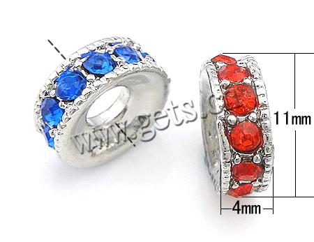 Rhinestone Zinc Alloy European Beads, Rondelle, plated, without troll & with rhinestone, more colors for choice, 11x4mm, Hole:Approx 4mm, Sold By PC