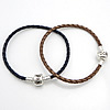 PU Leather Cord European Bracelet, Brass, with PU Leather, silver color plated, with letter pattern & blacken 3mm Approx 7.5 Inch 