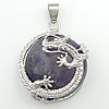Natural Quartz Pendants, Amethyst, with Brass, Flat Round, platinum color plated, February Birthstone Approx 