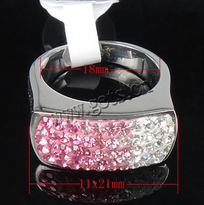 Rhinestone Stainless Steel Finger Ring, with Rhinestone Clay Pave, Rectangle, with 55 pcs rhinestone & different size for choice & with Mideast rhinestone, 11x21mm, US Ring Size:8, Sold By PC