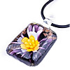 Lampwork Jewelry Necklace, with rubber cord, Rectangle, gold sand & inner flower Inch 