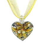 Lampwork Jewelry Necklace, with Ribbon, Heart, gold sand & inner flower .5 Inch 