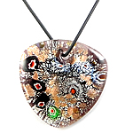 Lampwork Jewelry Necklace, with rubber cord, Heart, with millefiori slice & gold sand & silver foil Inch 