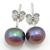 Sterling Silver Natural Pearl Stud Earring, 925 Sterling Silver, with Freshwater Pearl, Round, plated 7mm 
