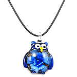 Lampwork Jewelry Necklace, with rubber cord, Owl, gold sand & inner flower Inch 