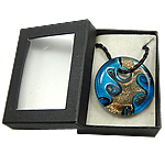 Box Packing Lampwork Necklace, with PU Leather Cord, Flat Round, gold sand & silver foil Inch 