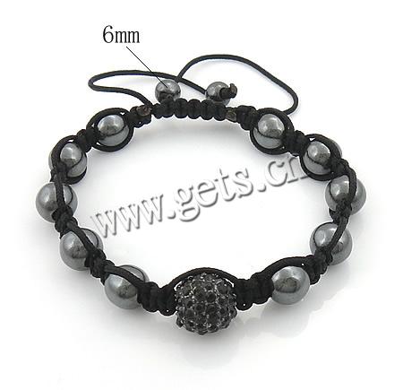 Hematite Woven Ball Bracelets, Waxed Cotton Cord, with Hematite & Zinc Alloy, plumbum black color plated, adjustable & with rhinestone, black, 10.5mm, 8mm, 6mm, Length:Approx 6-13 Inch, Sold By Strand